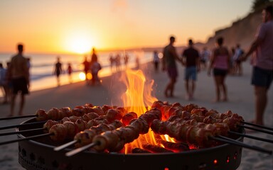 Beach barbecue with skewers grilling and people enjoying the sunset, creating a vibrant and festive atmosphere by the sea. High quality