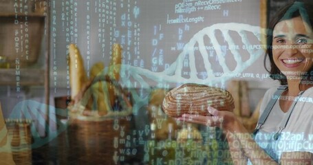 Baker lifting round loaf as hands enter, showcasing bakery bread with DNA helix overlay across loaf
