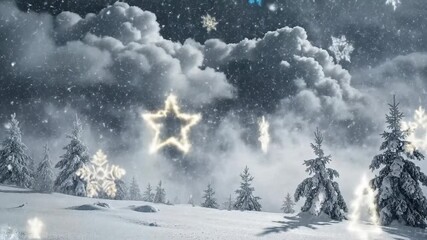 Winter landscape with glowing animated snowflakes and trees against cloudy sky - Powered by Adobe