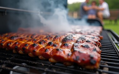 Grilled Ribs at a Gathering: A mouthwatering close-up of succulent grilled ribs sizzling on a barbecue grill, smoke gently rising against the backdrop of a cozy outdoor gathering. High quality