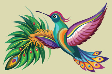 Fototapeta premium Colorful hummingbird with peacock feather graceful vibrant exotic vector artwork