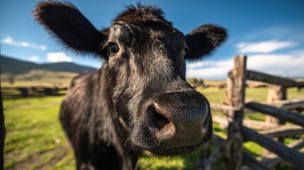 Fototapeta premium Close-up portrait of a glossy black cow on a rural cattle ranch