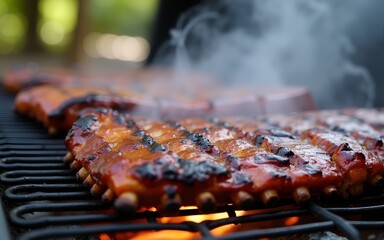 Grilled Ribs at a Gathering: A mouthwatering close-up of succulent grilled ribs sizzling on a barbecue grill, smoke gently rising against the backdrop of a cozy outdoor gathering. High quality