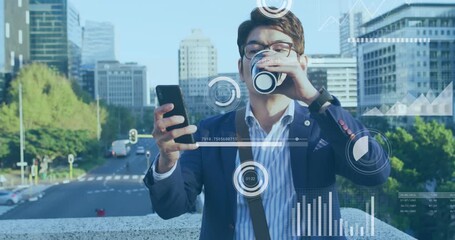 Man sipping coffee scrolling phone at rail, tapping and checking business HUD charts around torso