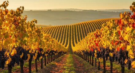 Naklejka premium Vineyard landscape with colorful grapevines at sunset during autumn season