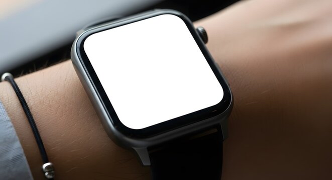 Close up of a modern smartwatch on a wrist with a blank white screen for digital display or mockup design - Powered by Adobe