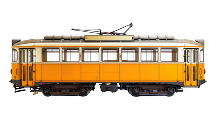 Fototapeta premium Yellow vintage tram with windows and overhead electrical line isolated on transparent background