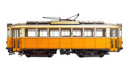 Yellow vintage tram with windows and overhead electrical line isolated on transparent background