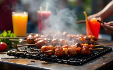 A lively barbecue scene featuring skewered meats being grilled and served, capturing the essence of a joyous gathering with vibrant drinks and smoky, flavorful aroma. High quality