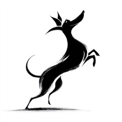 Stylized black dog jumping joyfully in expressive ink brush illustration on white background Generative AI