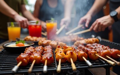 A lively barbecue scene featuring skewered meats being grilled and served, capturing the essence of a joyous gathering with vibrant drinks and smoky, flavorful aroma. High quality