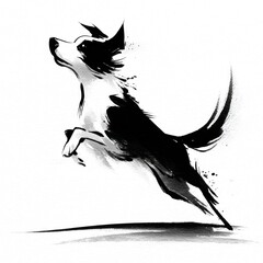 Dynamic border collie leaping forward in bold black and white ink brush illustration on textured white background Generative AI