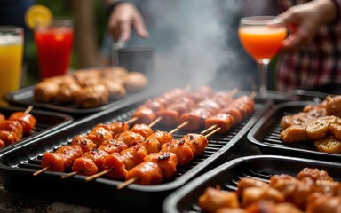 A lively barbecue scene featuring skewered meats being grilled and served, capturing the essence of a joyous gathering with vibrant drinks and smoky, flavorful aroma. High quality
