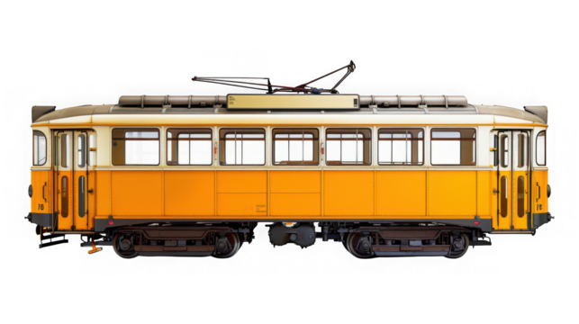Yellow vintage tram with windows and overhead electrical line isolated on transparent background - Powered by Adobe