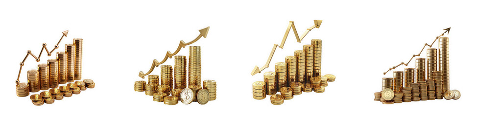 Four gold bar charts with upward trending arrows and coins isolated on transparent background