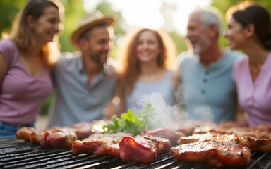 A happy family is gathered around a barbecue on a sunny day, with perfectly grilled meats in the foreground and blurred relatives joyfully chatting in the background. High quality