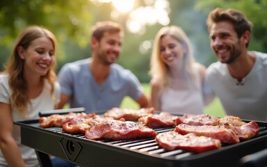 A happy family is gathered around a barbecue on a sunny day, with perfectly grilled meats in the foreground and blurred relatives joyfully chatting in the background. High quality