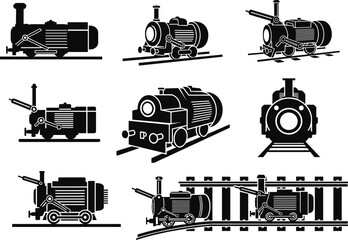 Silhouette steam locomotives, vintage train engines, railway transport, mechanical components, historical vehicles, engineering design, flat vector © MdMasud
