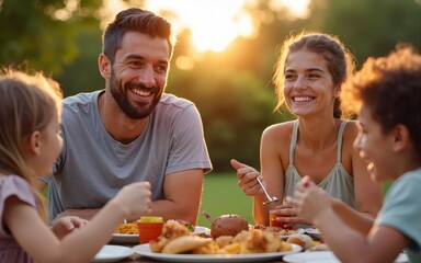 A happy family enjoys a barbecue feast outdoors, with a father and daughter smiling brightly, as evening light creates a joyful and vibrant atmosphere. High quality