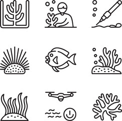 Set of coral reef and marine biology outline icons for ocean life and aquatic research