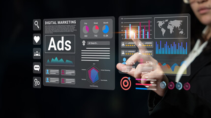 A business professional engages with an advanced digital marketing interface showing comprehensive...