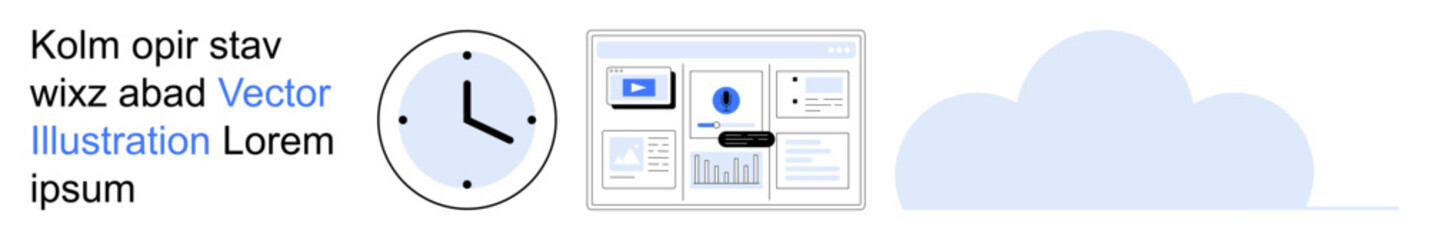 Time management, data storage, task organization, cloud computing, workflow efficiency, business strategy. Clock icon next to a dashboard and cloud graphic. Time management and data storage concepts