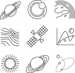 Set of space and astronomy linear icons including planets satellite sun and orbital paths © MDSHOFIQUL