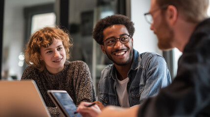Fototapeta premium Team Sharing Laughter During Casual Office Meeting.