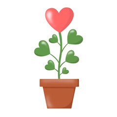 Growing love concept. Cute 3D plant in pot with heart shaped red flower and green leaves. Hand drawn illustration isolated on transparent background 