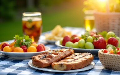 Cheerful summer party scene with grilled food, colorful salads, and fresh fruit platters on a picnic table. High quality
