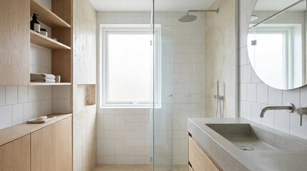 Bright interior of a modern bathroom, showcasing serene functional design. This space perfectly embodies the harmonious japandi aesthetic with natural wood, white tiles, and concrete sink.