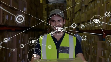 Male worker walking warehouse with box, approach causing network expanding over him mapping stock - Powered by Adobe