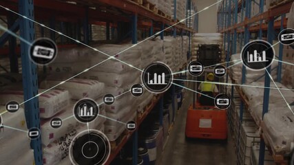On sensor ping forklift and driver driving down aisle as network icons emerging, mapping stock data - Powered by Adobe