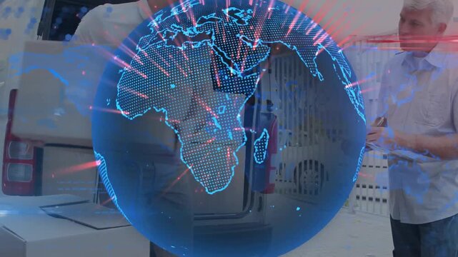 Hologram globe rotating, revealing delivery van as two men unloading boxes, lead checking phone