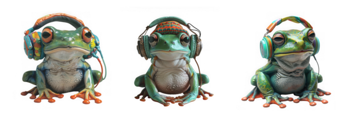 Three colorful frogs wearing futuristic headphones in a playful and vibrant scene isolated on transparent background