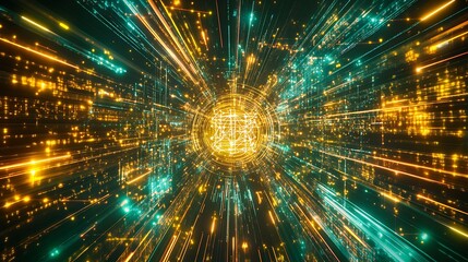 Abstract Digital Data Network with Glowing Gold and Teal Light Lines and Core
