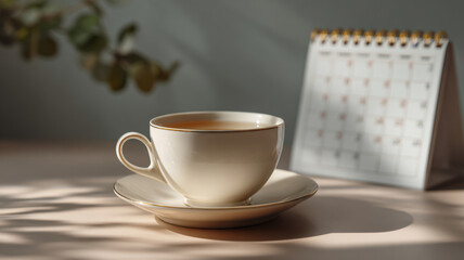 A tranquil setting featuring a teacup and calendar, bathed in soft light. A delicate teacup and saucer are arranged next to a calendar on a table