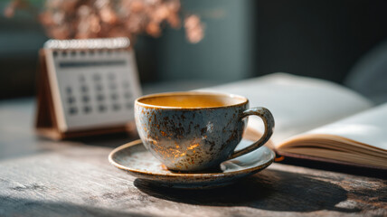 A cup of tea and a book with a calendar in the morning light