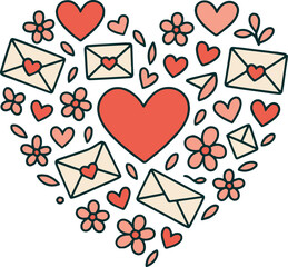 Colorful vector Valentine&rsquo;s Day card featuring a heart made of love letters, hearts and small flowers. Bright festive illustration perfect for romantic designs, holiday greetings and decorative layout