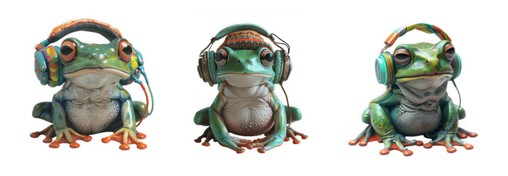 Three colorful frogs wearing futuristic headphones in a playful and vibrant scene isolated on transparent background