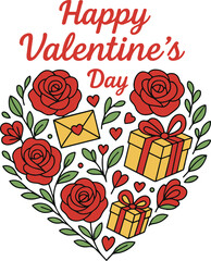 Colorful vector Valentine&rsquo;s Day card featuring a heart made of roses, love letters and gift boxes in red, yellow and green tones. Perfect for romantic designs, holiday greetings and festive decoration