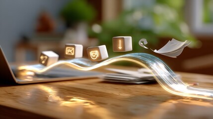 Conceptual image of a glowing digital data stream emanating from a laptop with communication icons and documents flowing along a vibrant light path.