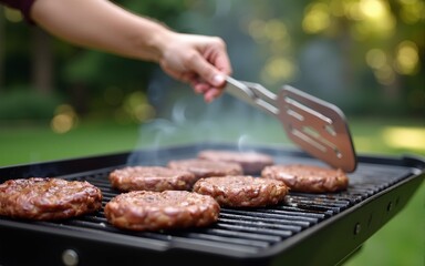 Person grilling burgers at barbecue in park, outdoor enjoyment. High quality