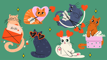 Сute Valentine’s Day cat set with hearts, arrows, gifts, and love themed accessories. Playful cartoon feline characters perfect for greeting cards, stickers, posters