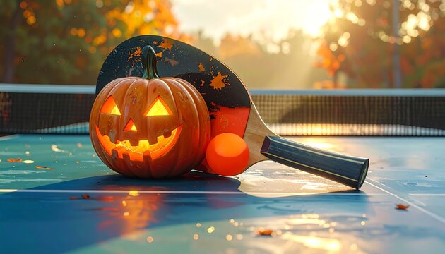 Halloween ping pong glowing pumpkin, orange ball, paddle rest on table, bathed in autumn light, leaves scatter around