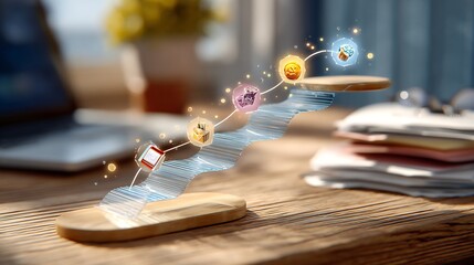 Glowing wavy digital path with communication and business icons, symbolizing progress, digital transformation, and information flow, rendered with vibrant detail.