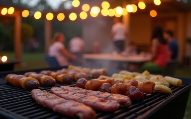 An outdoor barbecue party with grilled food and string lights at dusk, creating a warm, festive atmosphere. High quality