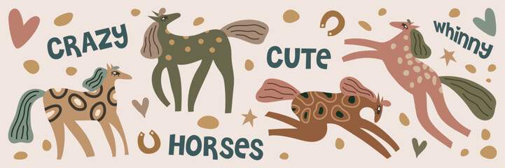 Whimsical Horses with Playful Expressions Vector Illustration. Featuring various textures and patterns, these horses add a lively touch with hearts and stars.
