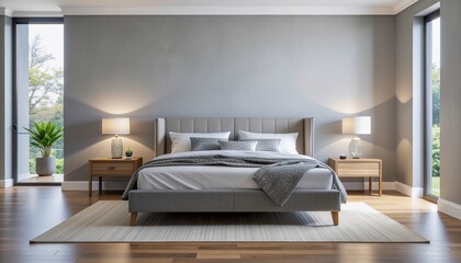 A modern bedroom featuring matte grey walls
