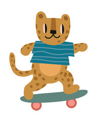 Cute Leopard Skating Vector Illustration. Vector illustration of a cheerful cartoon leopard on a skateboard wearing a blue striped shirt.